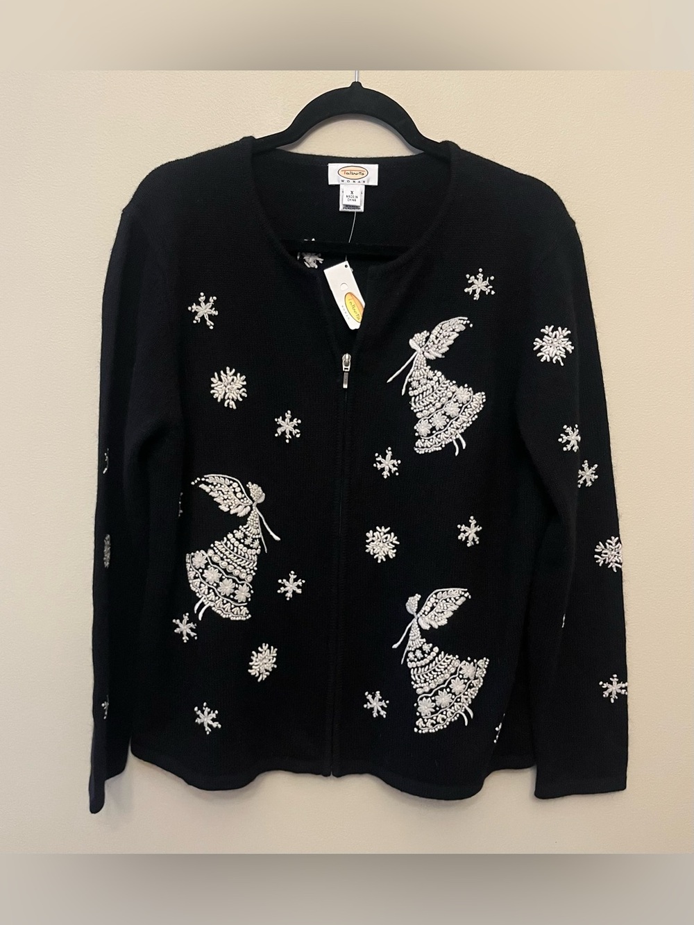 NWT Talbots Lambswool Angora Zip Front Embroidered Cardigan Women's Size X